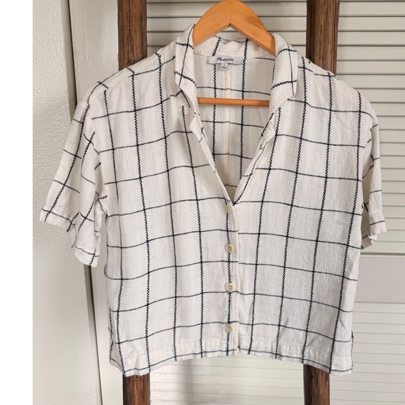 Madewell White Grid Checkered Print Button Down Short Sleeve Crop Top Size S - Picture 2 of 6